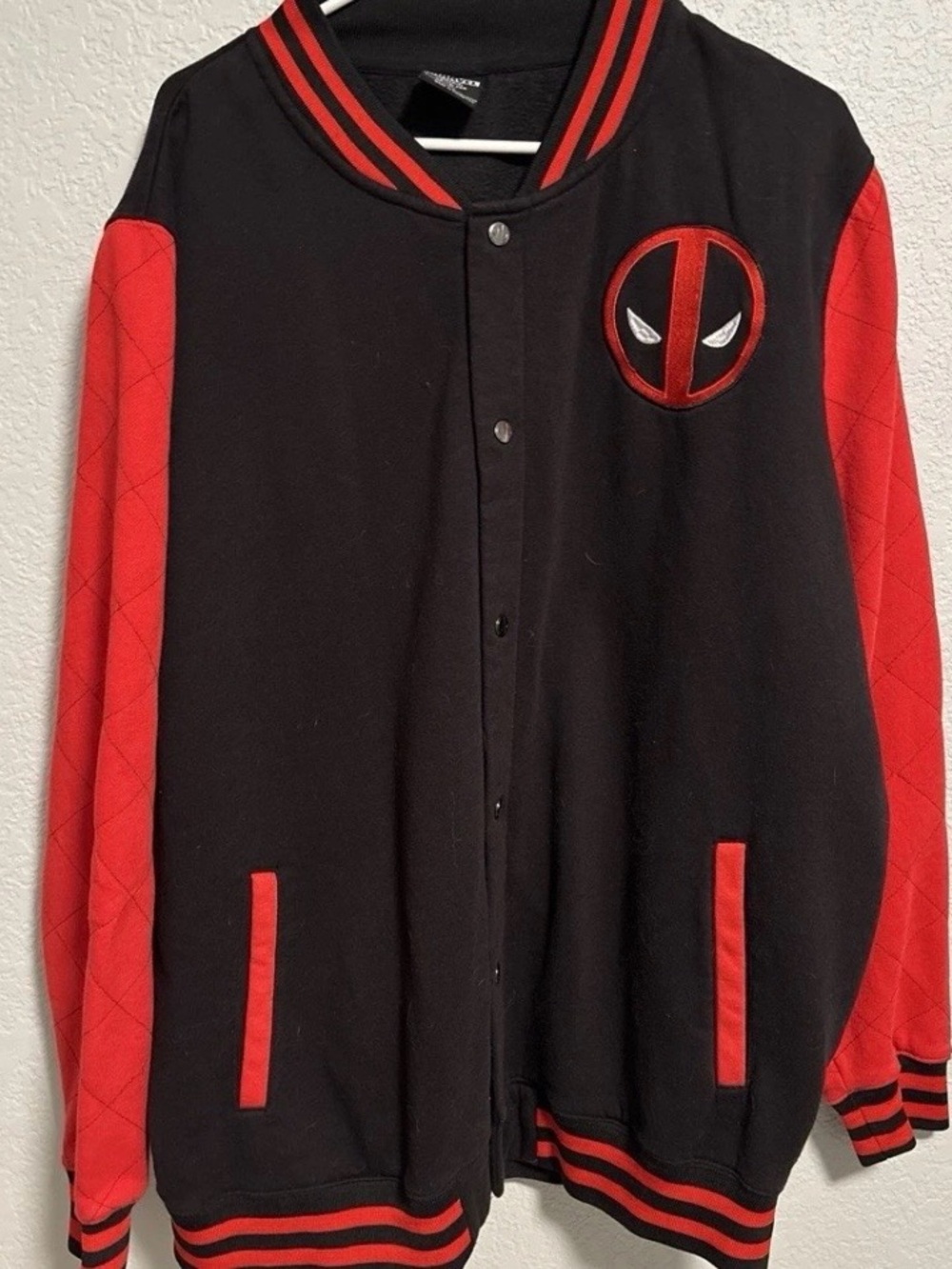 Marvel Black and Red Deadpool Patch Bomber-Style Varsity Jacket